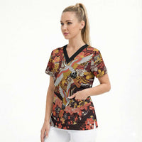Japanese Hawaiian Crane Scrub Top Yellow Ochre Tapa Patchwork Pattern LT9 - Polynesian Pride