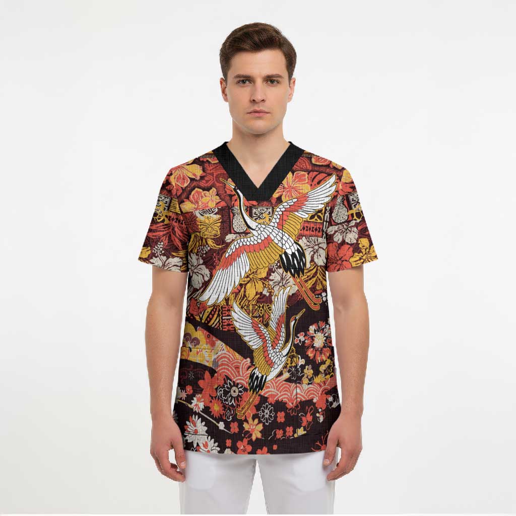 Japanese Hawaiian Crane Scrub Top Yellow Ochre Tapa Patchwork Pattern LT9 - Polynesian Pride