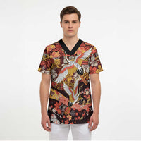 Japanese Hawaiian Crane Scrub Top Yellow Ochre Tapa Patchwork Pattern LT9 - Polynesian Pride