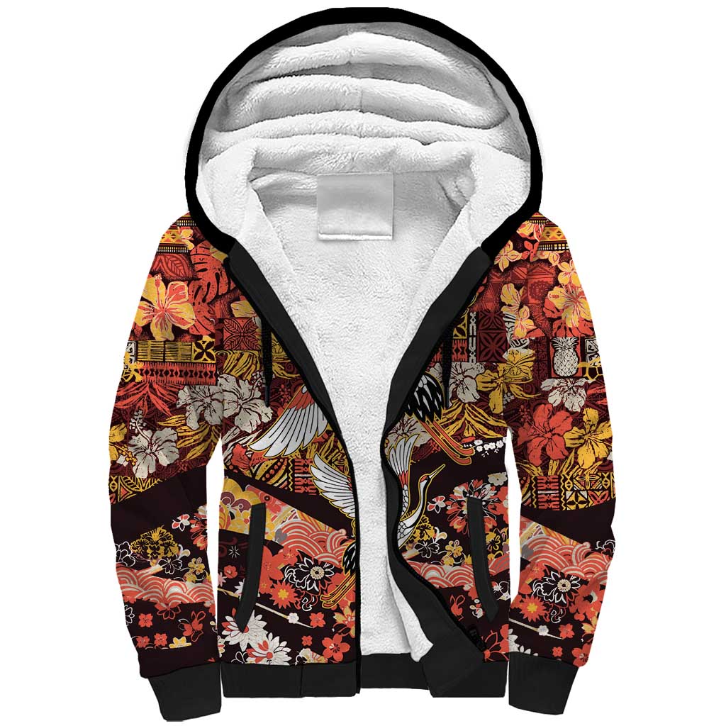 Japanese Hawaiian Crane Sherpa Hoodie Yellow Ochre Tapa Patchwork Pattern LT9 Unisex Yellow - Polynesian Pride