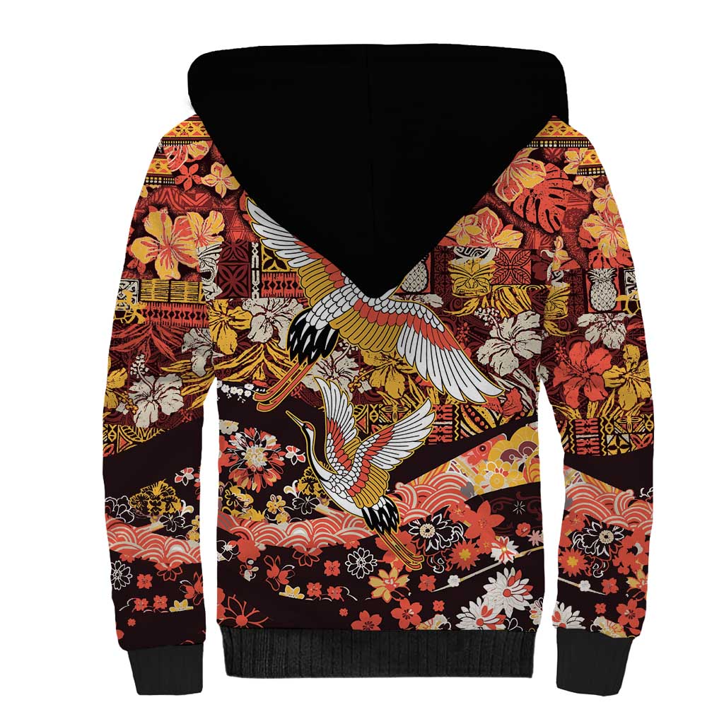 Japanese Hawaiian Crane Sherpa Hoodie Yellow Ochre Tapa Patchwork Pattern LT9 - Polynesian Pride