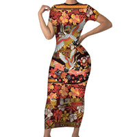 Japanese Hawaiian Crane Short Sleeve Bodycon Dress Yellow Ochre Tapa Patchwork Pattern LT9 Long Dress Yellow - Polynesian Pride