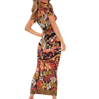 Japanese Hawaiian Crane Short Sleeve Bodycon Dress Yellow Ochre Tapa Patchwork Pattern LT9 - Polynesian Pride