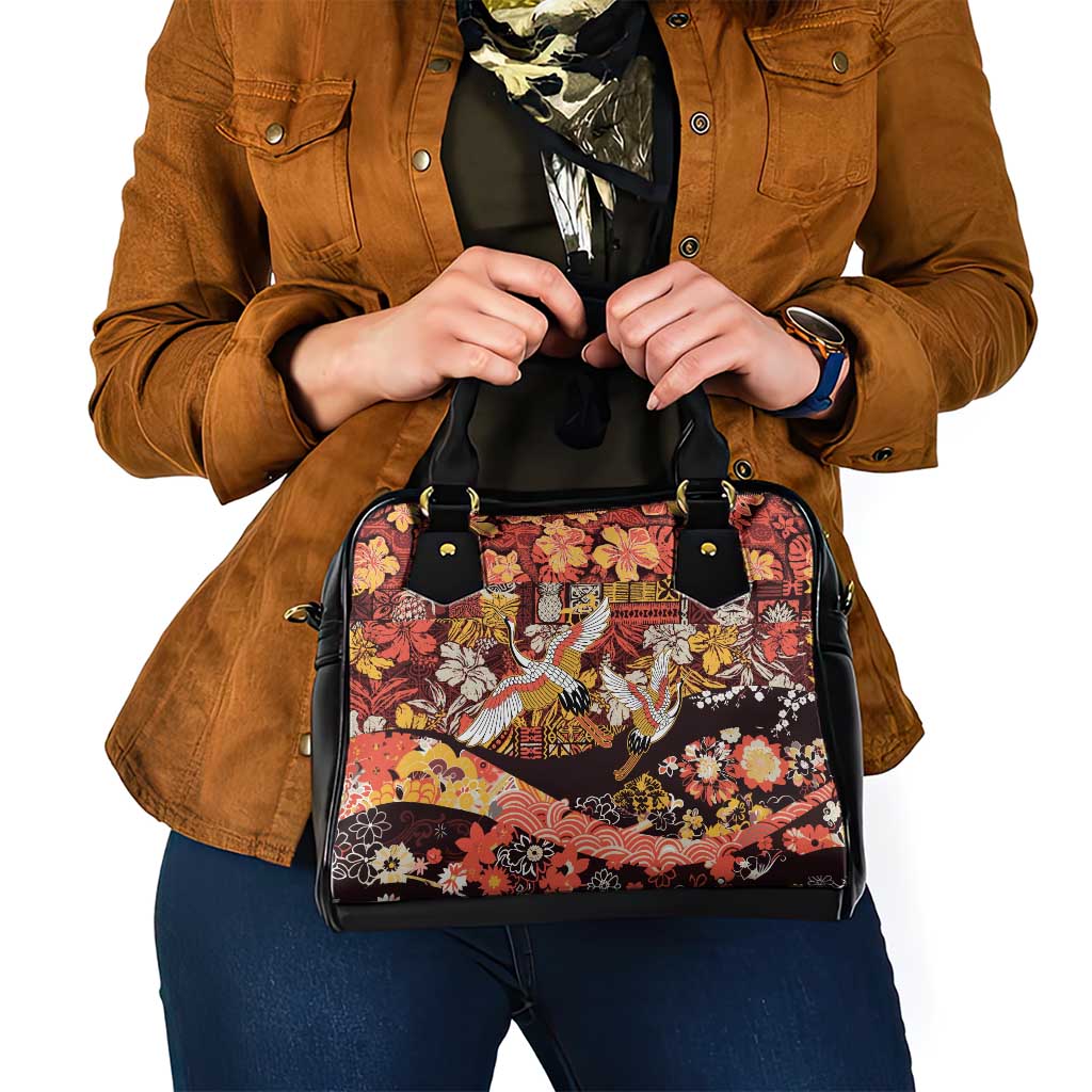Japanese Hawaiian Crane Shoulder Handbag Yellow Ochre Tapa Patchwork Pattern LT9 - Polynesian Pride