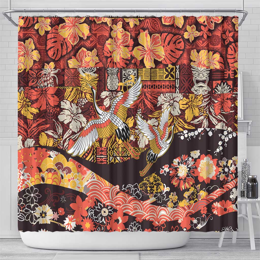 Japanese Hawaiian Crane Shower Curtain Yellow Ochre Tapa Patchwork Pattern LT9 - Polynesian Pride