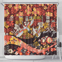 Japanese Hawaiian Crane Shower Curtain Yellow Ochre Tapa Patchwork Pattern LT9 - Polynesian Pride
