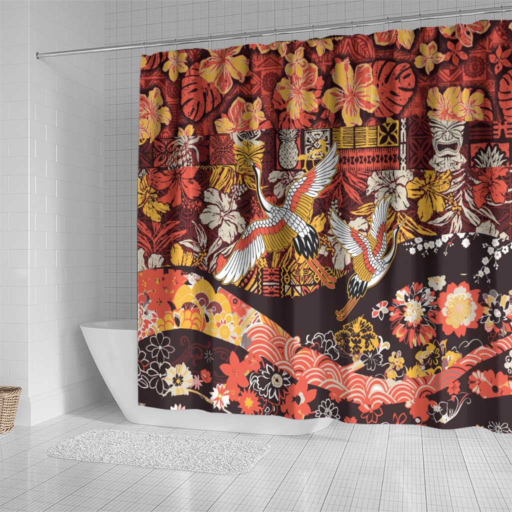 Japanese Hawaiian Crane Shower Curtain Yellow Ochre Tapa Patchwork Pattern LT9 - Polynesian Pride
