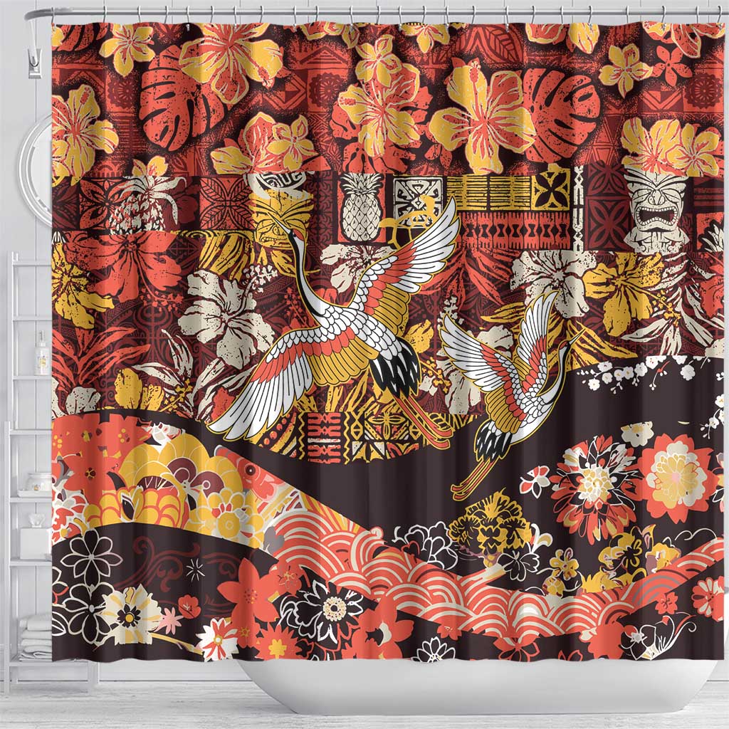 Japanese Hawaiian Crane Shower Curtain Yellow Ochre Tapa Patchwork Pattern LT9 - Polynesian Pride