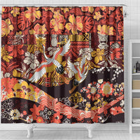Japanese Hawaiian Crane Shower Curtain Yellow Ochre Tapa Patchwork Pattern LT9 - Polynesian Pride