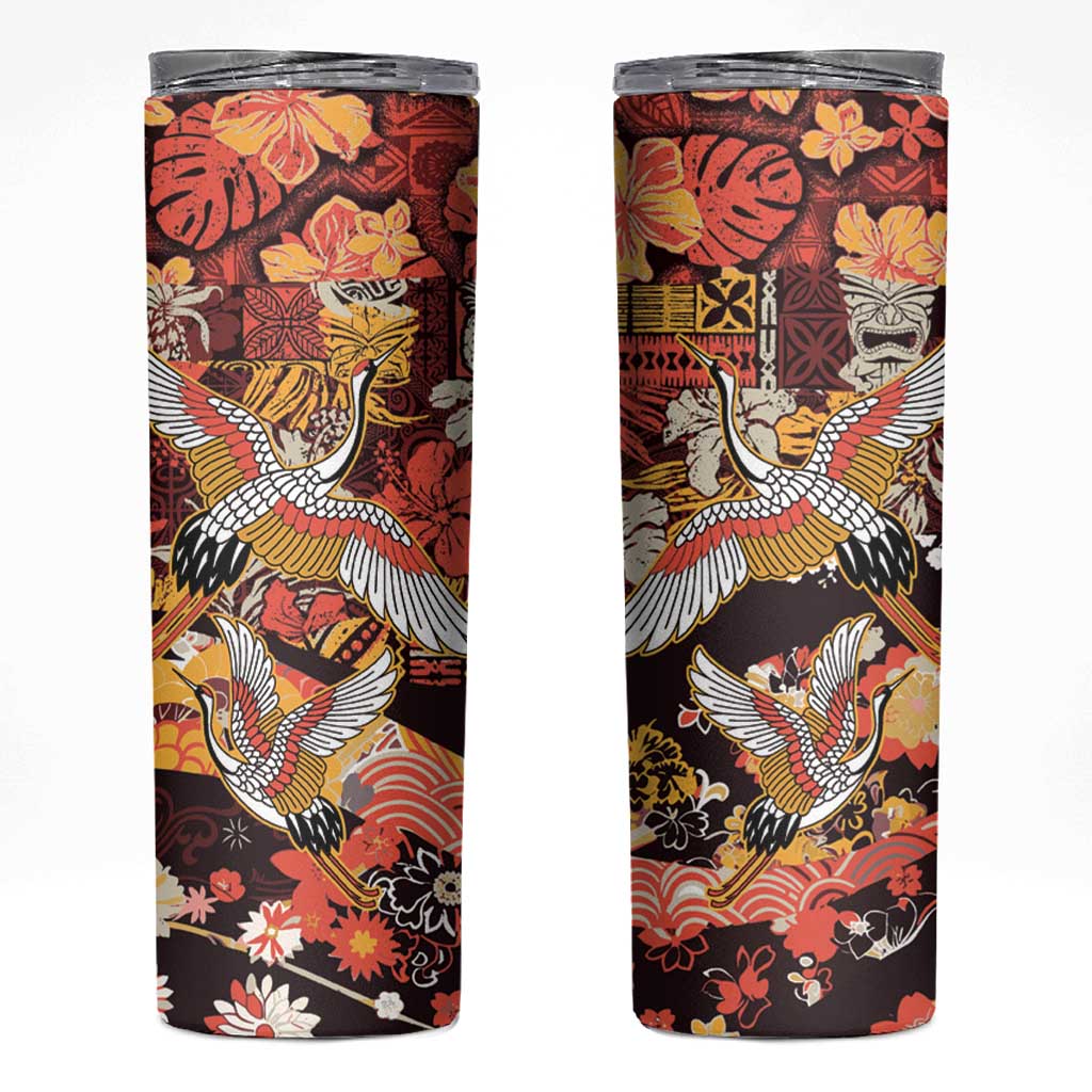 Japanese Hawaiian Crane Skinny Tumbler Yellow Ochre Tapa Patchwork Pattern LT9 Yellow - Polynesian Pride