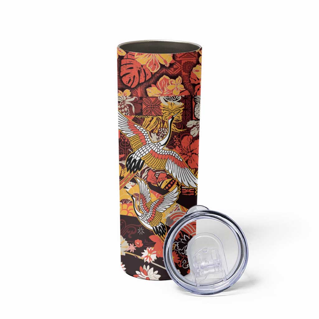 Japanese Hawaiian Crane Skinny Tumbler Yellow Ochre Tapa Patchwork Pattern LT9 - Polynesian Pride