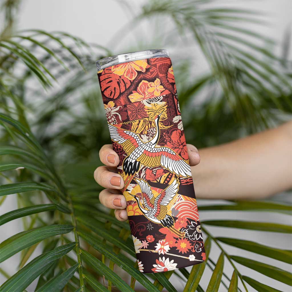Japanese Hawaiian Crane Skinny Tumbler Yellow Ochre Tapa Patchwork Pattern LT9 - Polynesian Pride