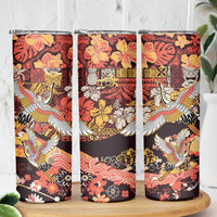 Japanese Hawaiian Crane Skinny Tumbler Yellow Ochre Tapa Patchwork Pattern LT9 - Polynesian Pride