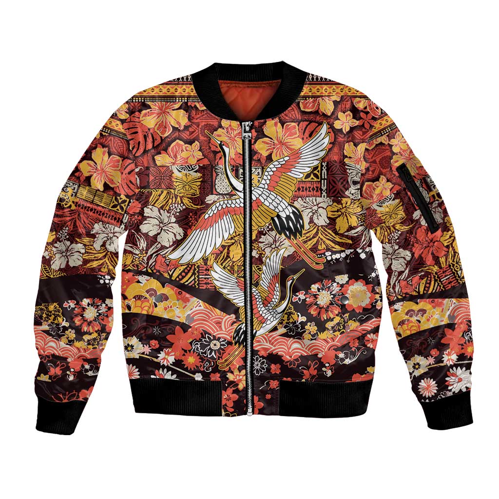 Japanese Hawaiian Crane Sleeve Zip Bomber Jacket Yellow Ochre Tapa Patchwork Pattern LT9 Unisex Yellow - Polynesian Pride