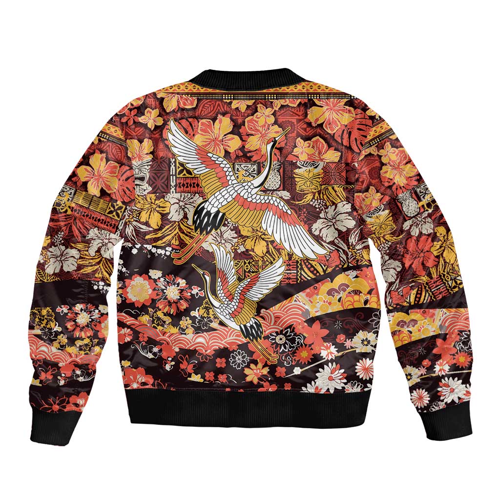 Japanese Hawaiian Crane Sleeve Zip Bomber Jacket Yellow Ochre Tapa Patchwork Pattern LT9 - Polynesian Pride
