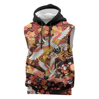 Japanese Hawaiian Crane Sleeveless Hoodie Yellow Ochre Tapa Patchwork Pattern