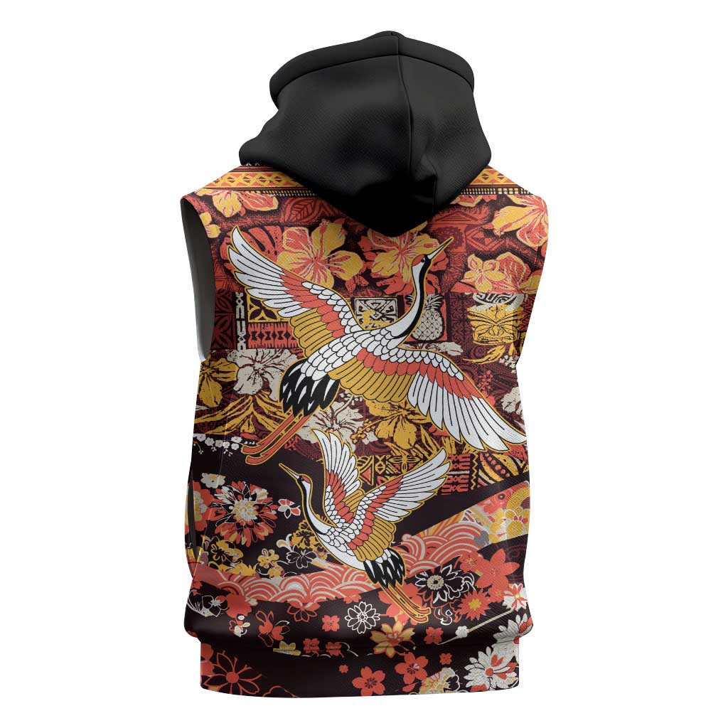 Japanese Hawaiian Crane Sleeveless Hoodie Yellow Ochre Tapa Patchwork Pattern