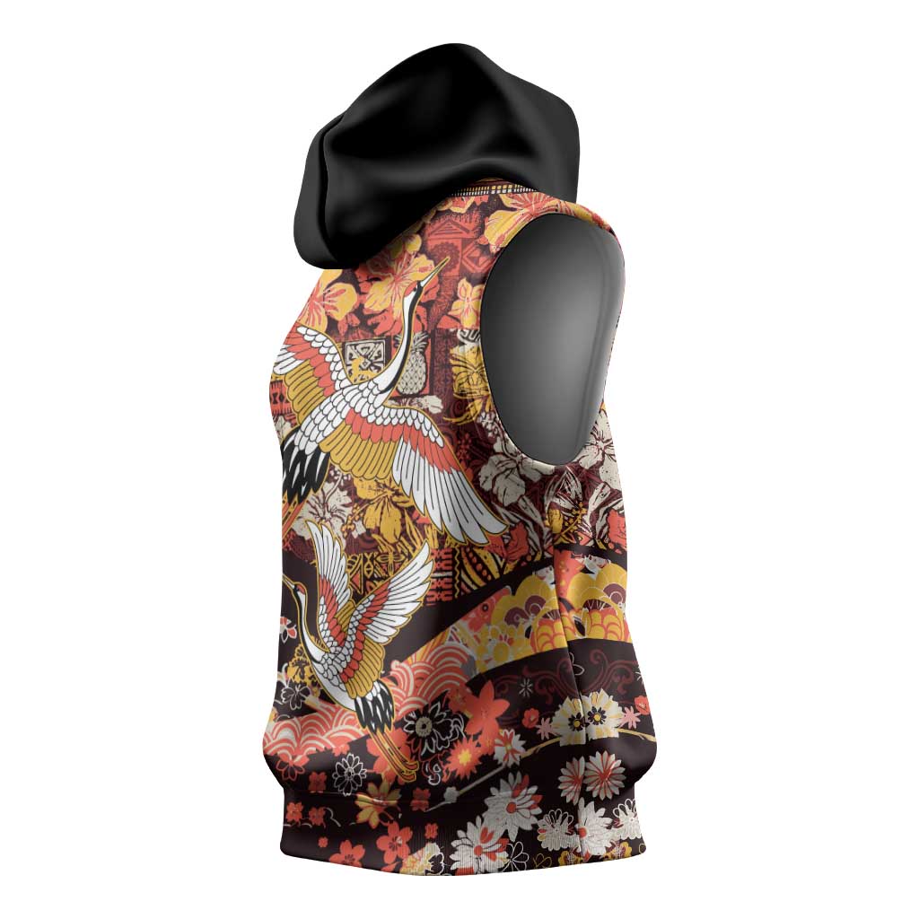 Japanese Hawaiian Crane Sleeveless Hoodie Yellow Ochre Tapa Patchwork Pattern