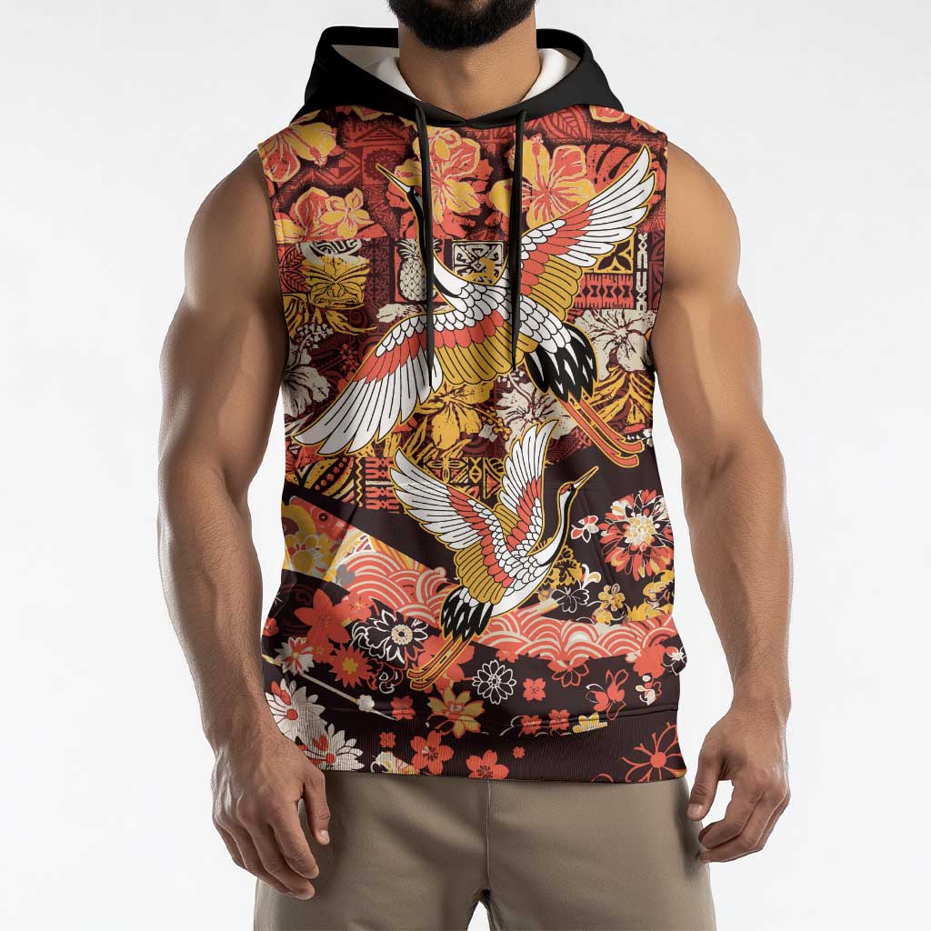 Japanese Hawaiian Crane Sleeveless Hoodie Yellow Ochre Tapa Patchwork Pattern