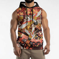 Japanese Hawaiian Crane Sleeveless Hoodie Yellow Ochre Tapa Patchwork Pattern
