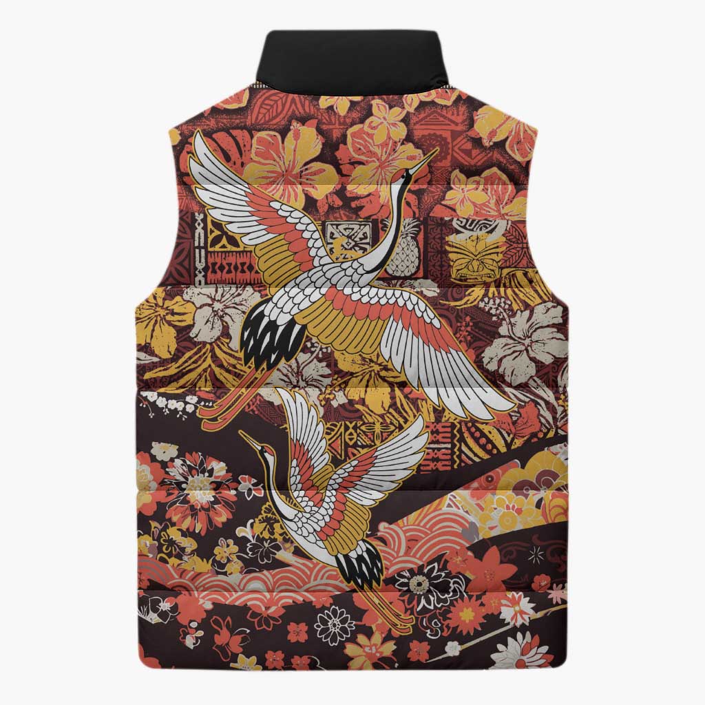 Japanese Hawaiian Crane Sleeveless Puffer Jacket Yellow Ochre Tapa Patchwork Pattern LT9 - Polynesian Pride