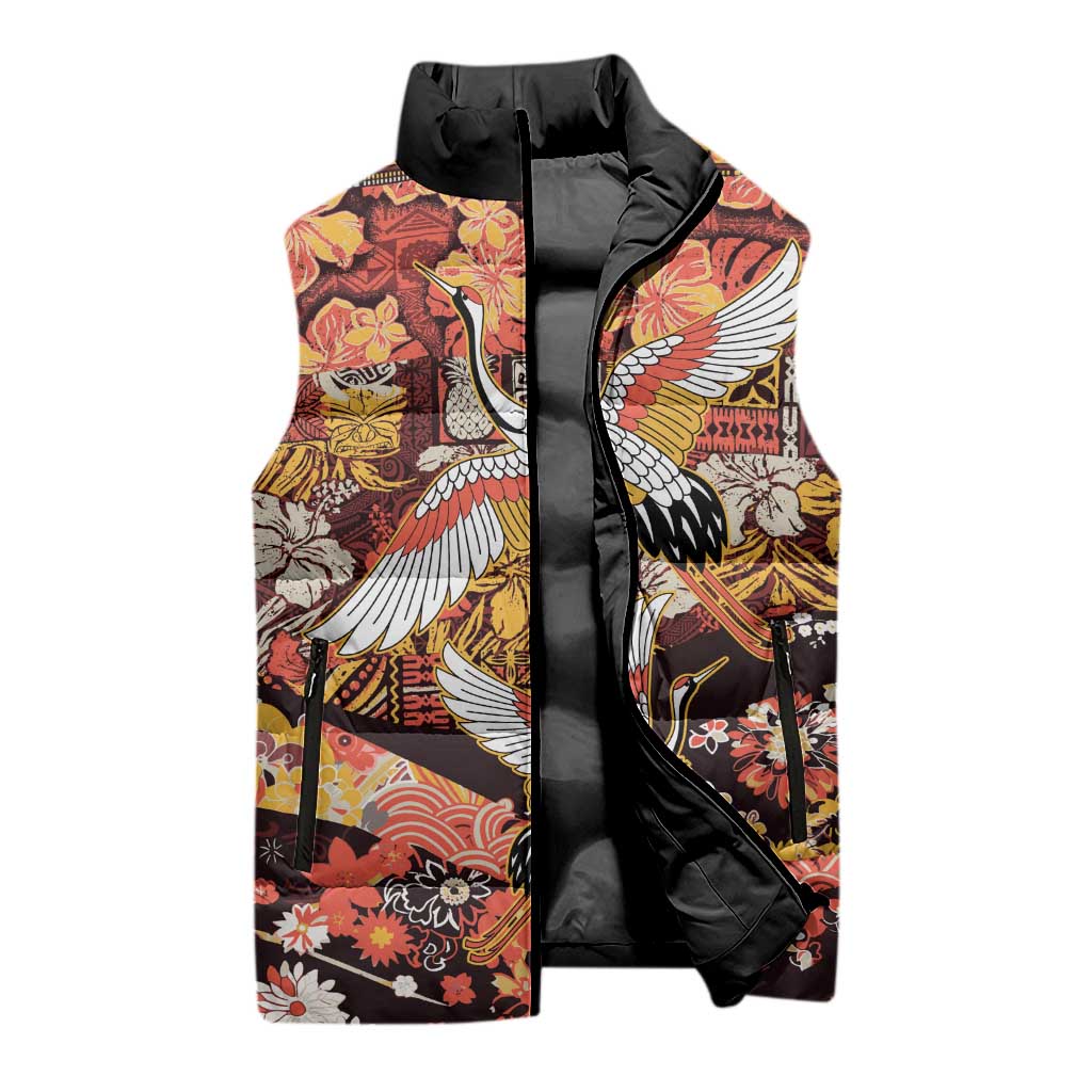 Japanese Hawaiian Crane Sleeveless Puffer Jacket Yellow Ochre Tapa Patchwork Pattern LT9 - Polynesian Pride
