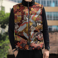 Japanese Hawaiian Crane Sleeveless Puffer Jacket Yellow Ochre Tapa Patchwork Pattern LT9 - Polynesian Pride