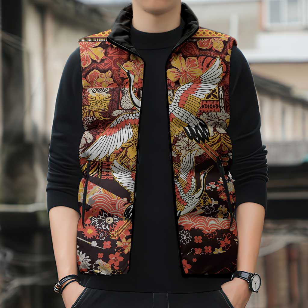 Japanese Hawaiian Crane Sleeveless Puffer Jacket Yellow Ochre Tapa Patchwork Pattern LT9 - Polynesian Pride