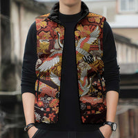 Japanese Hawaiian Crane Sleeveless Puffer Jacket Yellow Ochre Tapa Patchwork Pattern LT9 - Polynesian Pride