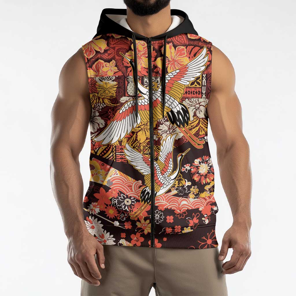 Japanese Hawaiian Crane Sleeveless Zip Hoodie Yellow Ochre Tapa Patchwork Pattern LT9 - Polynesian Pride