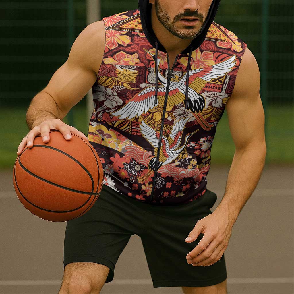 Japanese Hawaiian Crane Sleeveless Zip Hoodie Yellow Ochre Tapa Patchwork Pattern LT9 - Polynesian Pride