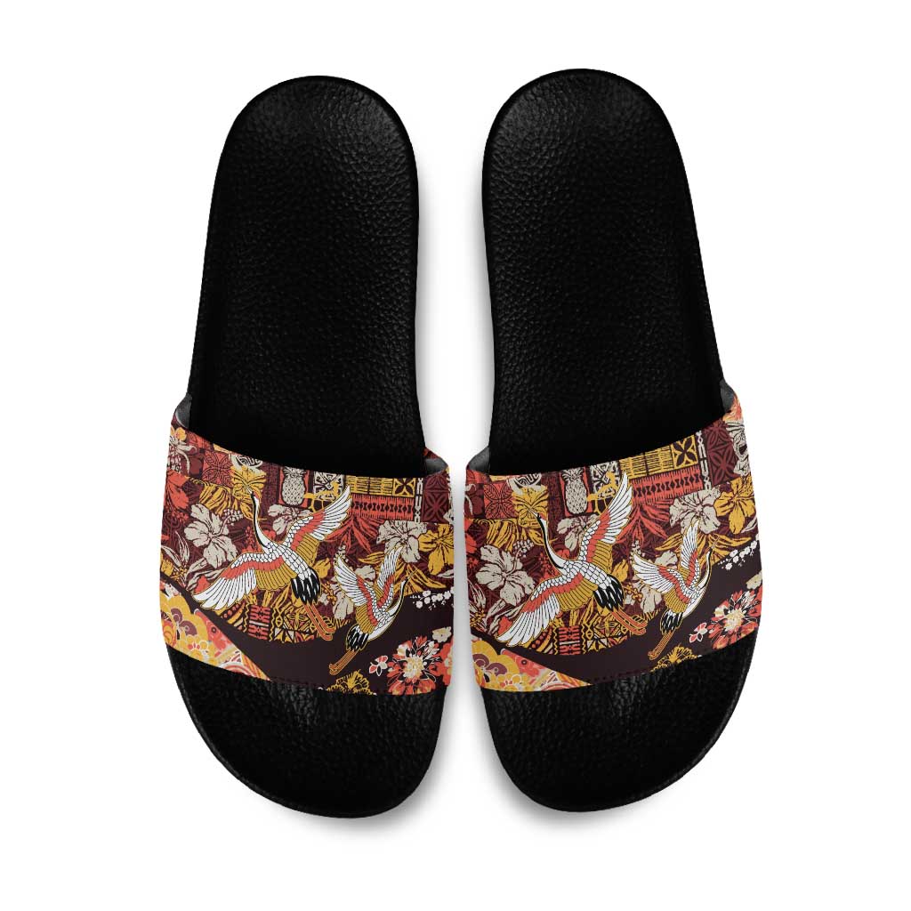 Japanese Hawaiian Crane Slide Sandals Yellow Ochre Tapa Patchwork Pattern LT9 Yellow - Polynesian Pride