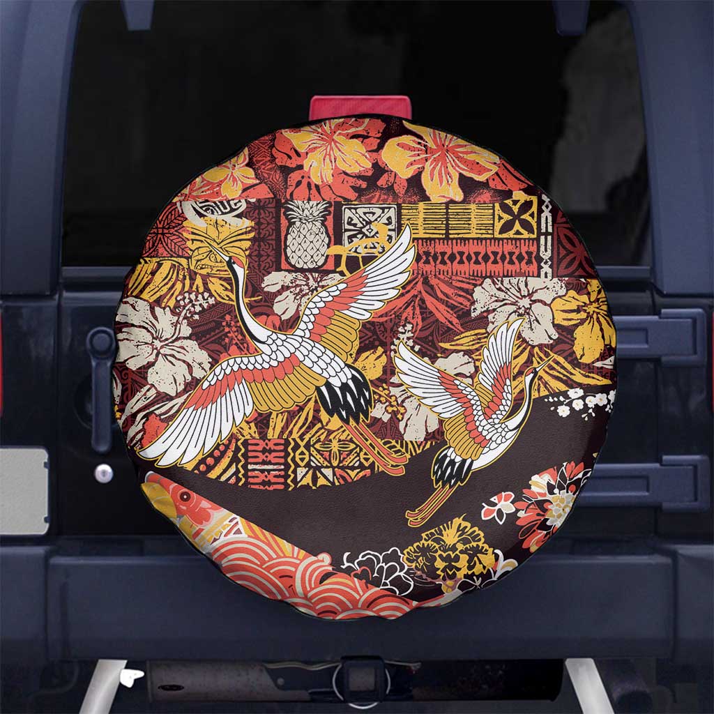 Japanese Hawaiian Crane Spare Tire Cover Yellow Ochre Tapa Patchwork Pattern LT9 No hole Yellow - Polynesian Pride