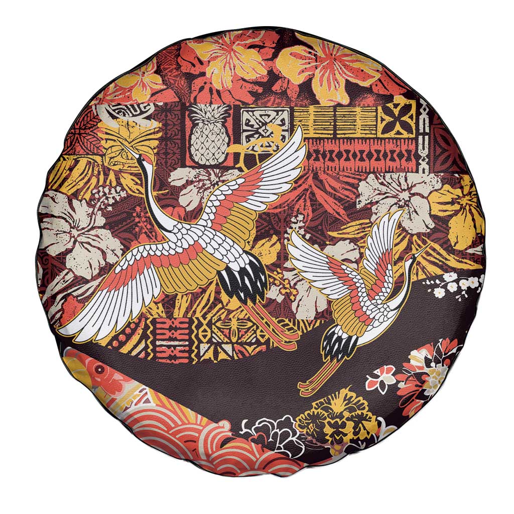 Japanese Hawaiian Crane Spare Tire Cover Yellow Ochre Tapa Patchwork Pattern LT9 - Polynesian Pride