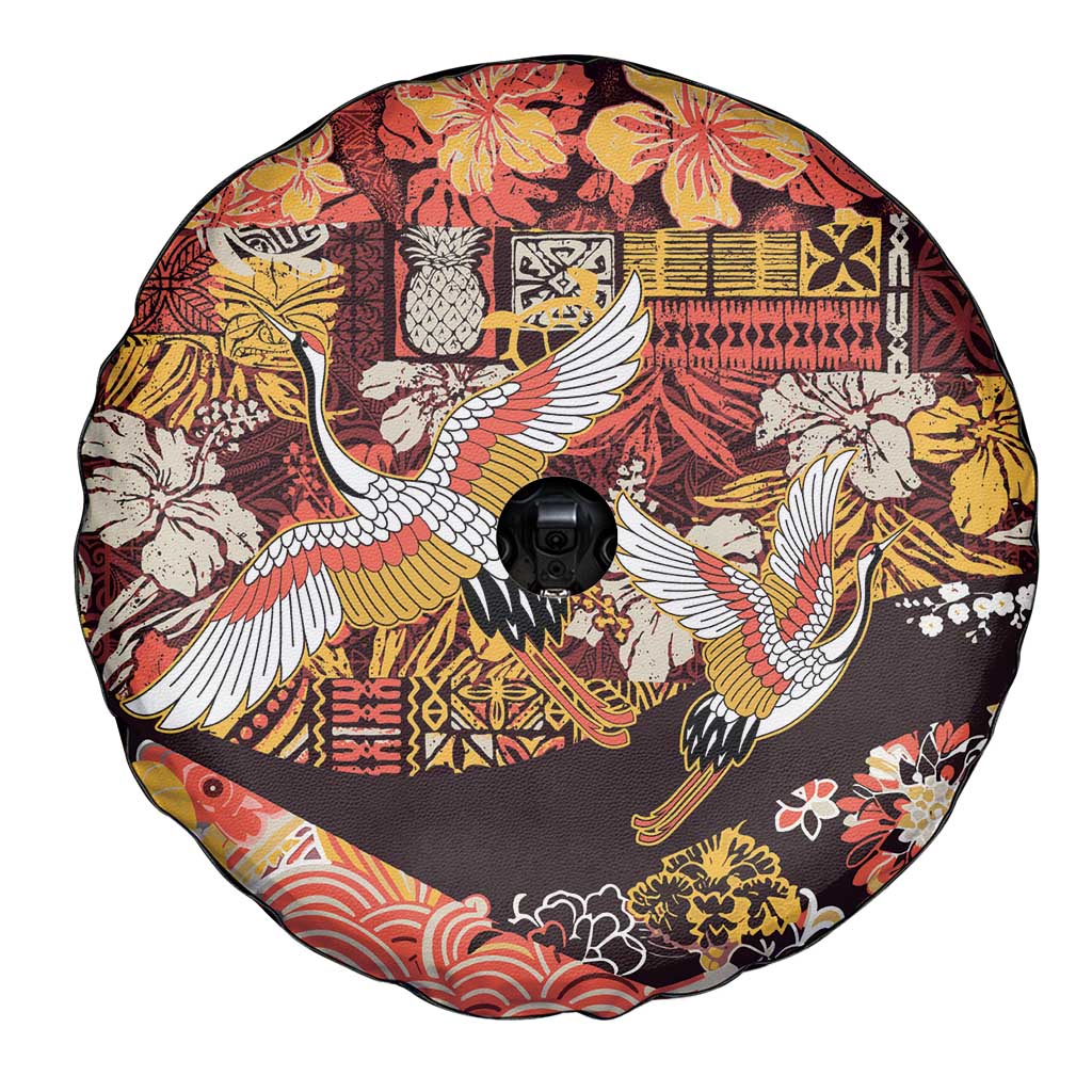 Japanese Hawaiian Crane Spare Tire Cover Yellow Ochre Tapa Patchwork Pattern LT9 - Polynesian Pride
