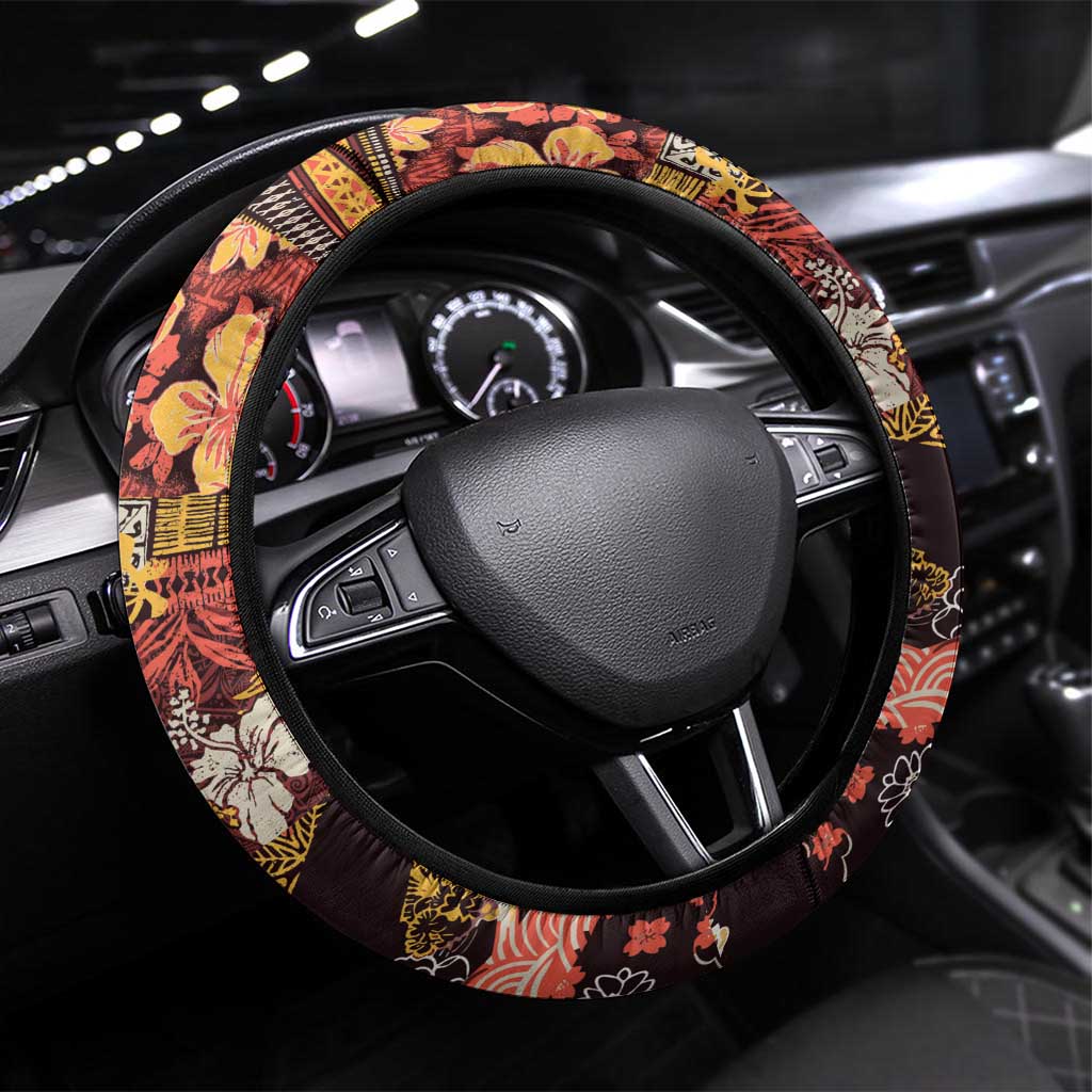 Japanese Hawaiian Crane Steering Wheel Cover Yellow Ochre Tapa Patchwork Pattern LT9 Universal Fit Yellow - Polynesian Pride