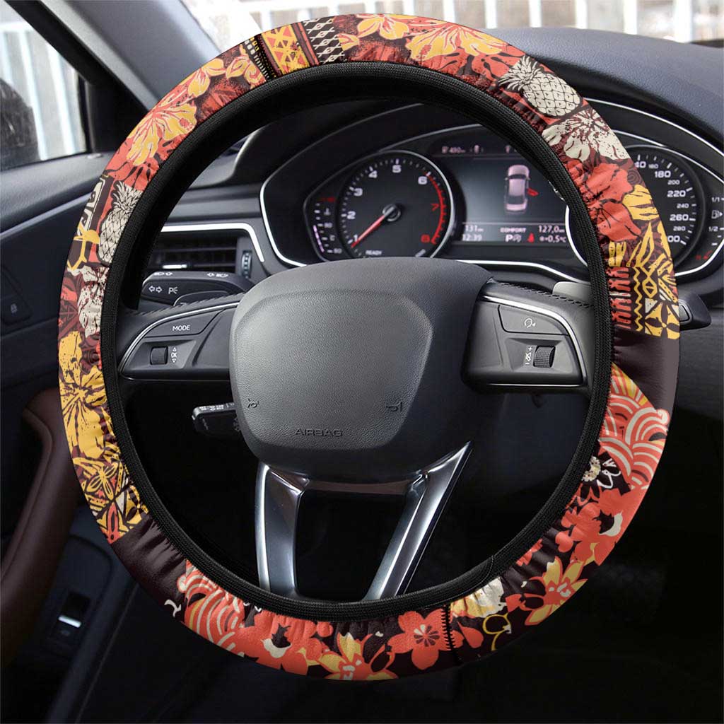 Japanese Hawaiian Crane Steering Wheel Cover Yellow Ochre Tapa Patchwork Pattern LT9 - Polynesian Pride