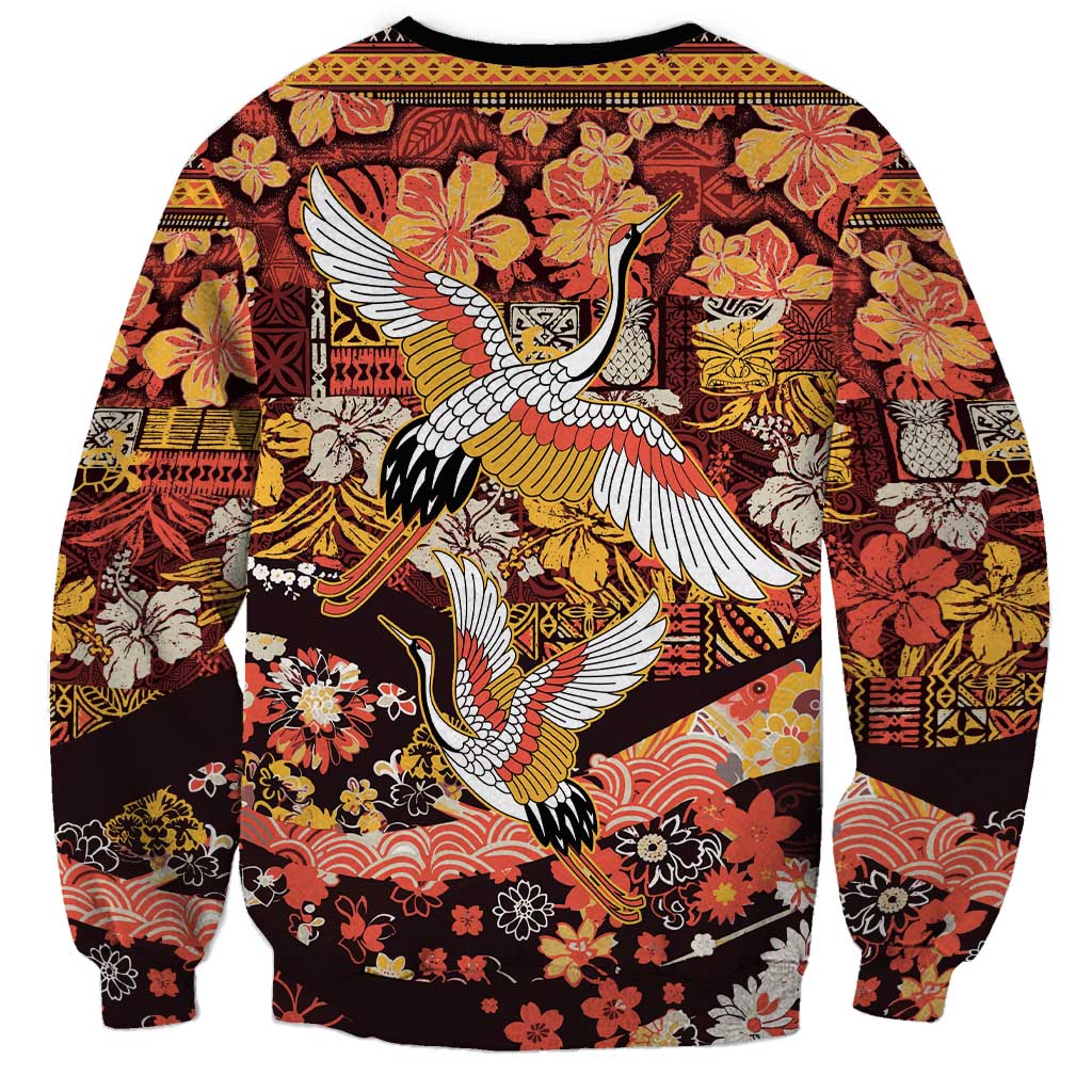 Japanese Hawaiian Crane Sweatshirt Yellow Ochre Tapa Patchwork Pattern LT9 - Polynesian Pride
