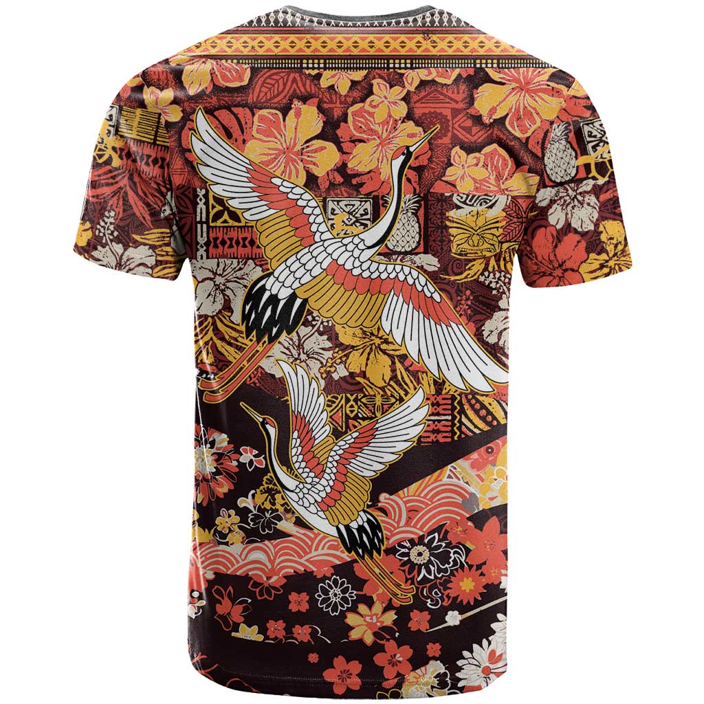 Japanese Hawaiian Crane T Shirt Yellow Ochre Tapa Patchwork Pattern LT9 - Polynesian Pride