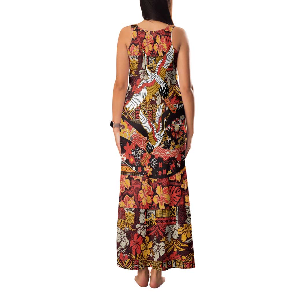 Japanese Hawaiian Crane Tank Maxi Dress Yellow Ochre Tapa Patchwork Pattern LT9 - Polynesian Pride