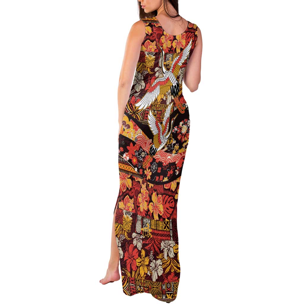 Japanese Hawaiian Crane Tank Maxi Dress Yellow Ochre Tapa Patchwork Pattern LT9 - Polynesian Pride