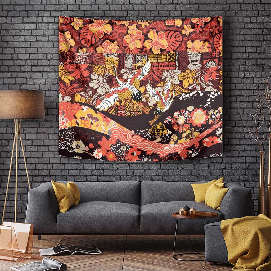 Japanese Hawaiian Crane Tapestry Yellow Ochre Tapa Patchwork Pattern LT9 Yellow - Polynesian Pride