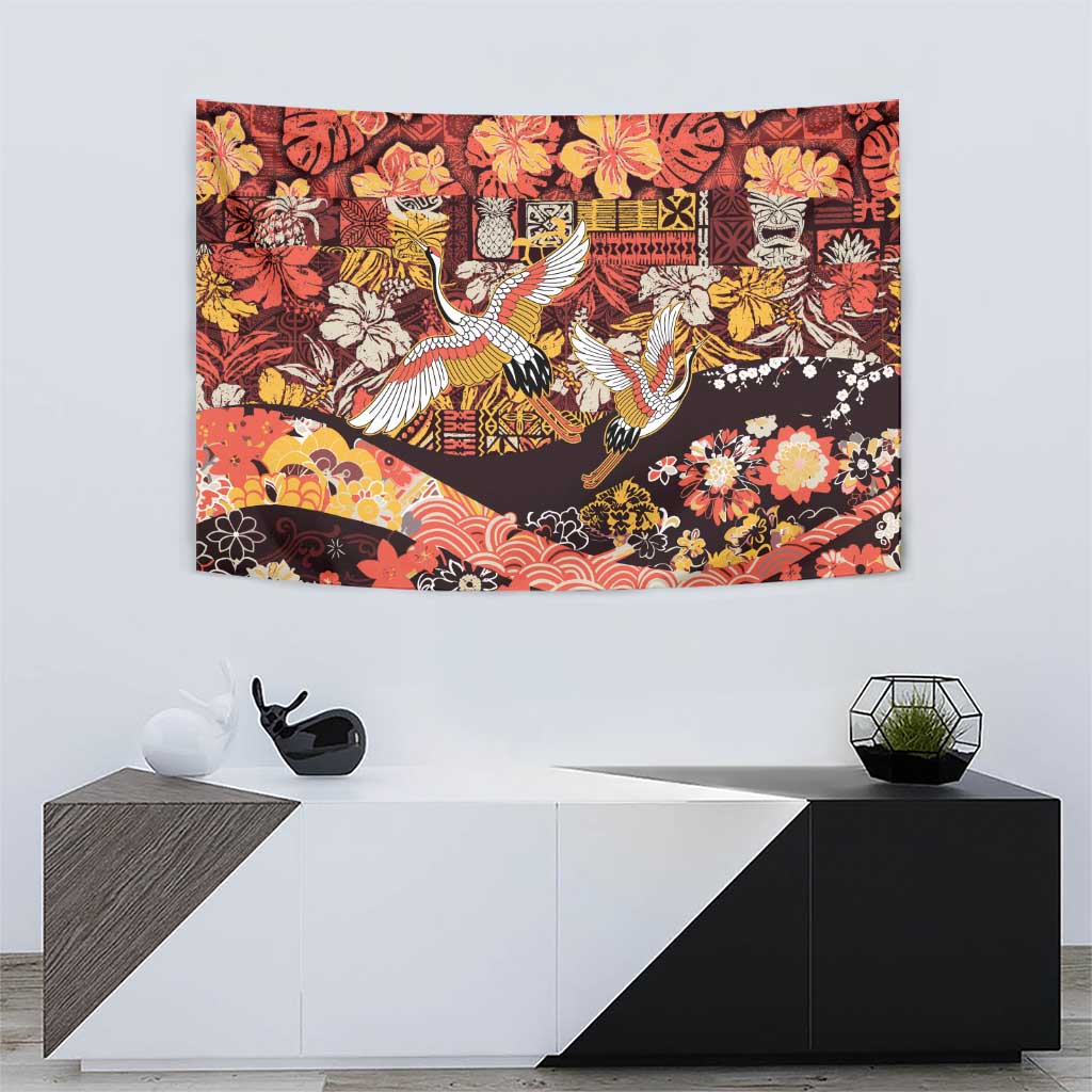 Japanese Hawaiian Crane Tapestry Yellow Ochre Tapa Patchwork Pattern LT9 - Polynesian Pride