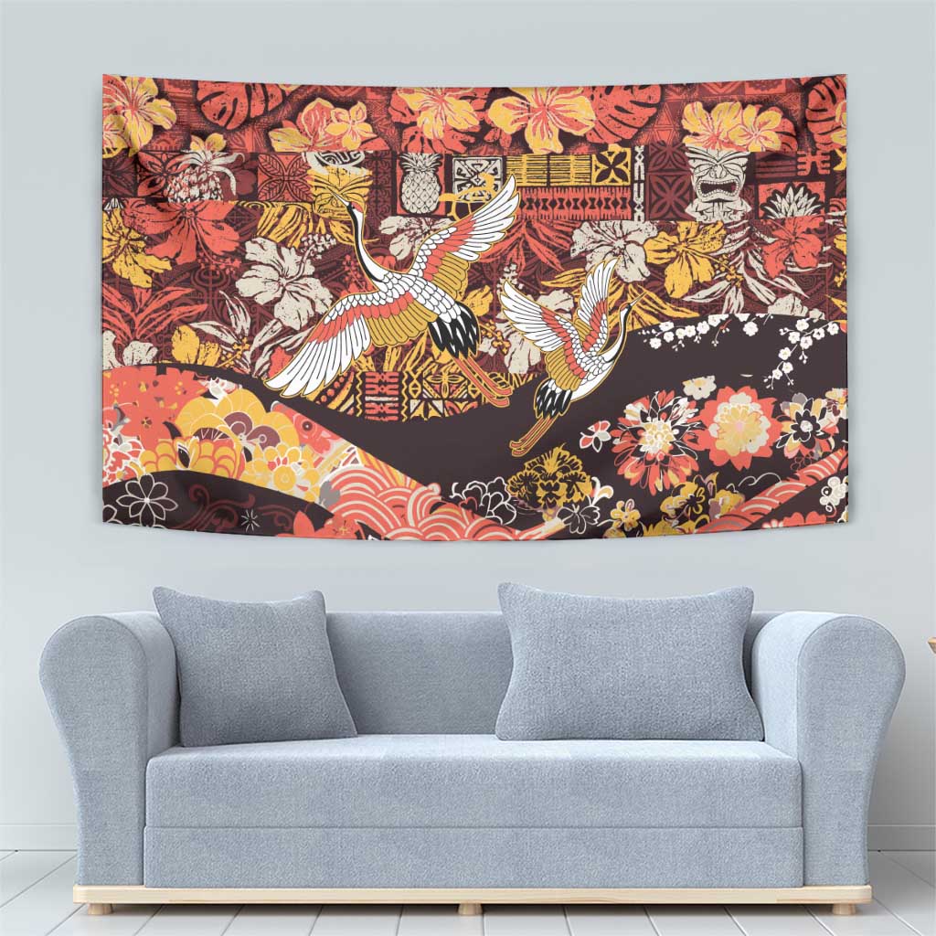 Japanese Hawaiian Crane Tapestry Yellow Ochre Tapa Patchwork Pattern LT9 - Polynesian Pride