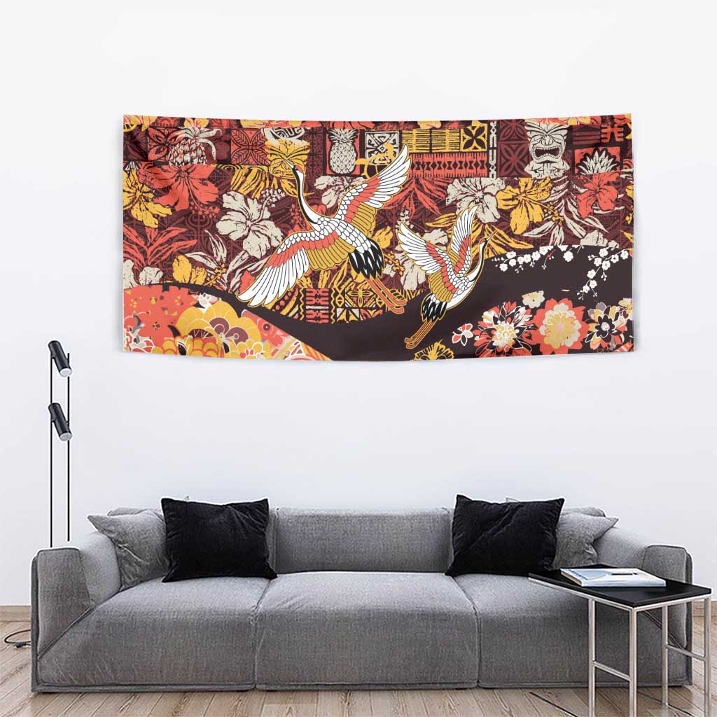 Japanese Hawaiian Crane Tapestry Yellow Ochre Tapa Patchwork Pattern LT9 - Polynesian Pride