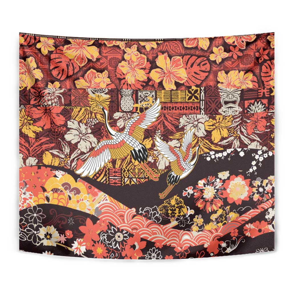 Japanese Hawaiian Crane Tapestry Yellow Ochre Tapa Patchwork Pattern LT9 - Polynesian Pride