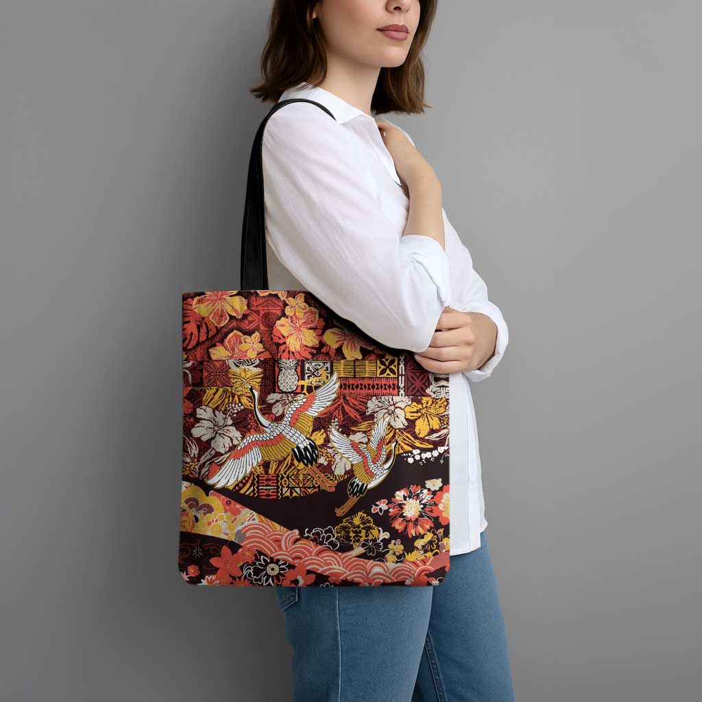 Japanese Hawaiian Crane Tote Bag Yellow Ochre Tapa Patchwork Pattern LT9 - Polynesian Pride