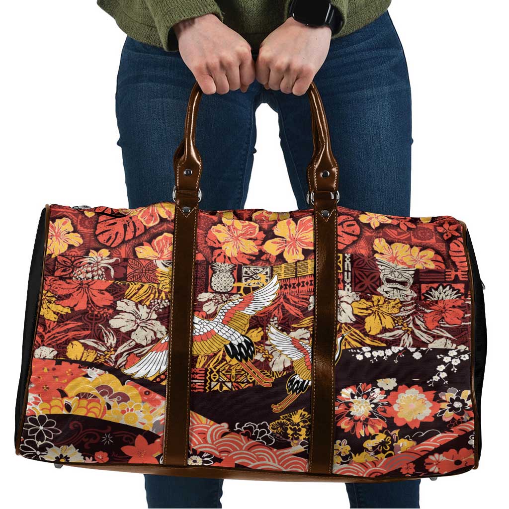 Japanese Hawaiian Crane Travel Bag Yellow Ochre Tapa Patchwork Pattern LT9 Yellow - Polynesian Pride