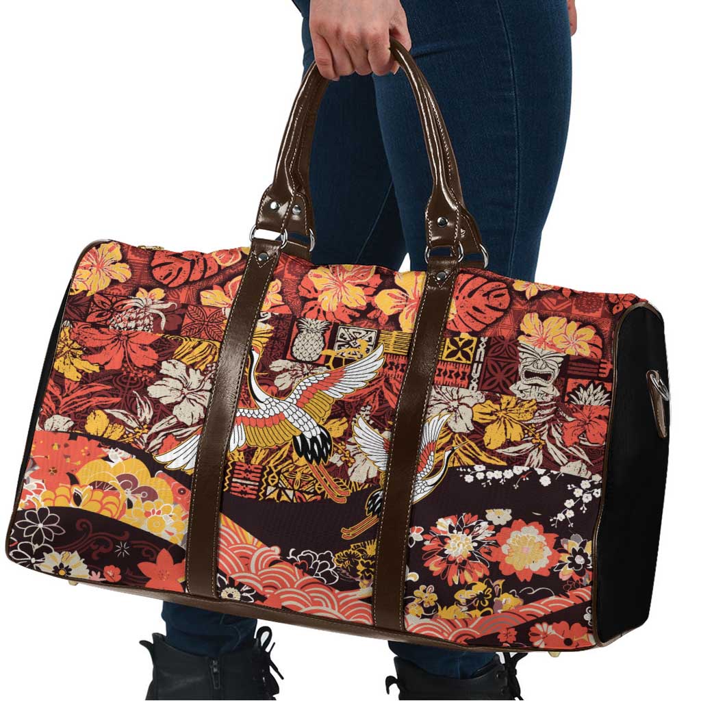 Japanese Hawaiian Crane Travel Bag Yellow Ochre Tapa Patchwork Pattern LT9 - Polynesian Pride