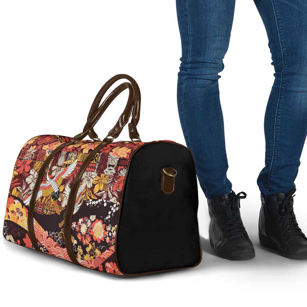 Japanese Hawaiian Crane Travel Bag Yellow Ochre Tapa Patchwork Pattern LT9 - Polynesian Pride